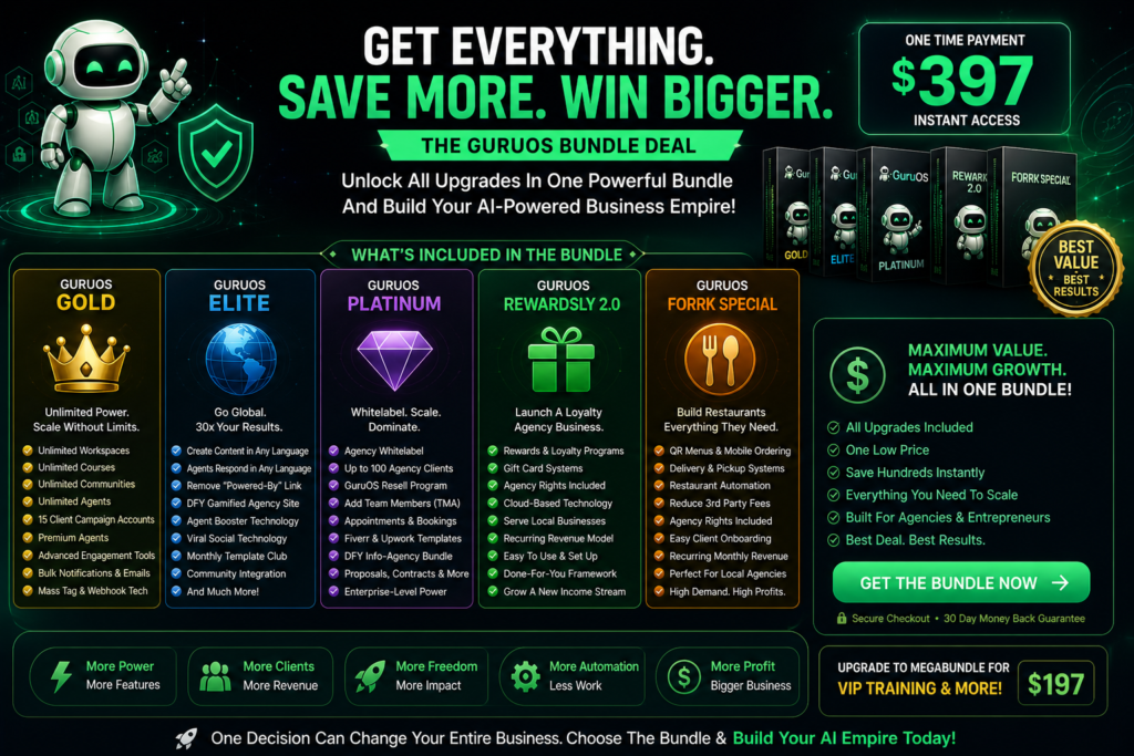GuruOS bundle offer showing Gold, Elite, Platinum, Rewardsly, and Forrk upgrades with complete AI business tools, agency features, bundle pricing, and best-value access