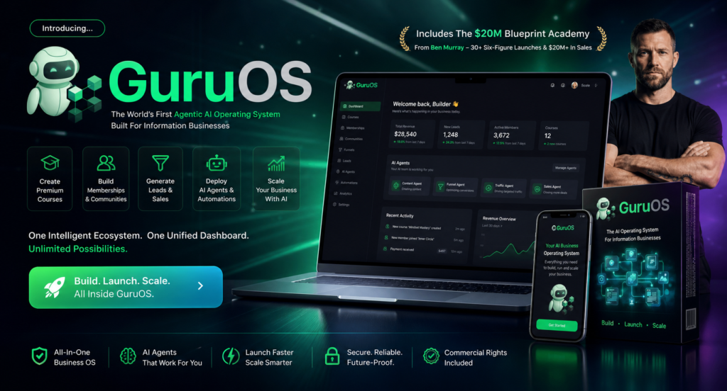 GuruOS AI operating system dashboard showing course creation, memberships, AI agents, communities, traffic automation, and business growth tools
