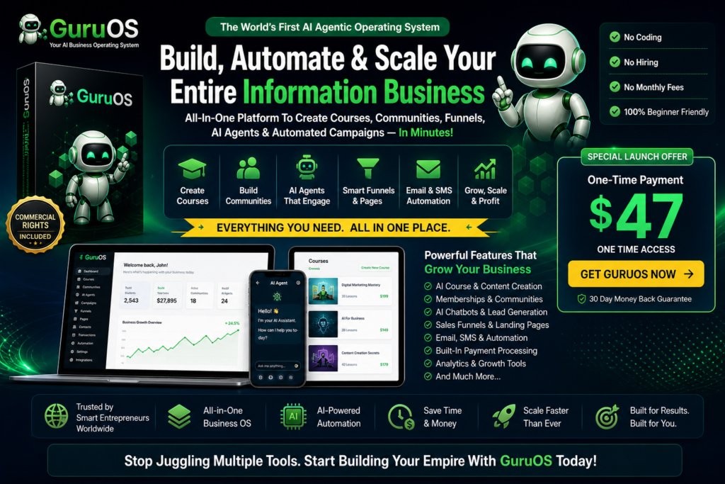 GuruOS AI business operating system showing official platform dashboard, course creation tools, memberships, AI agents, communities, lead generation, automation, and secure access interface